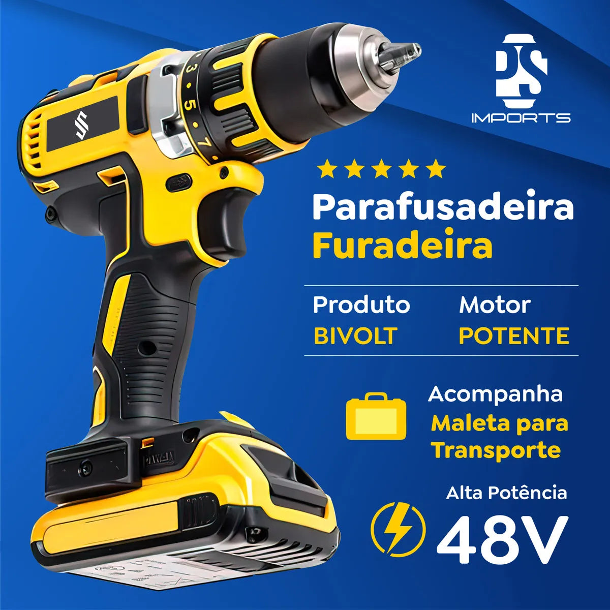 Furadeira Parafusadeira 48V Impacto + 2 Baterias e Kit Completo com Eixo Flexível | LMR Ferramentas