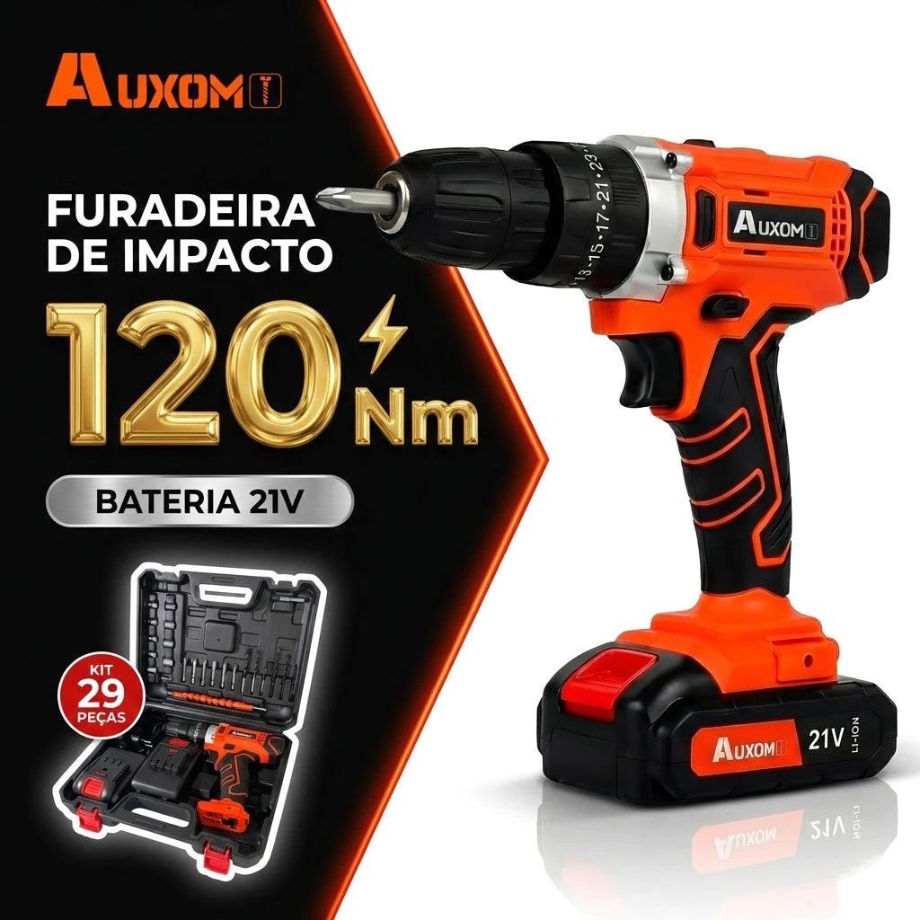 Furadeira Parafusadeira Impacto 21V 120Nm Profissional Kit 29 Peças + 2 Baterias | LMR Ferramentas