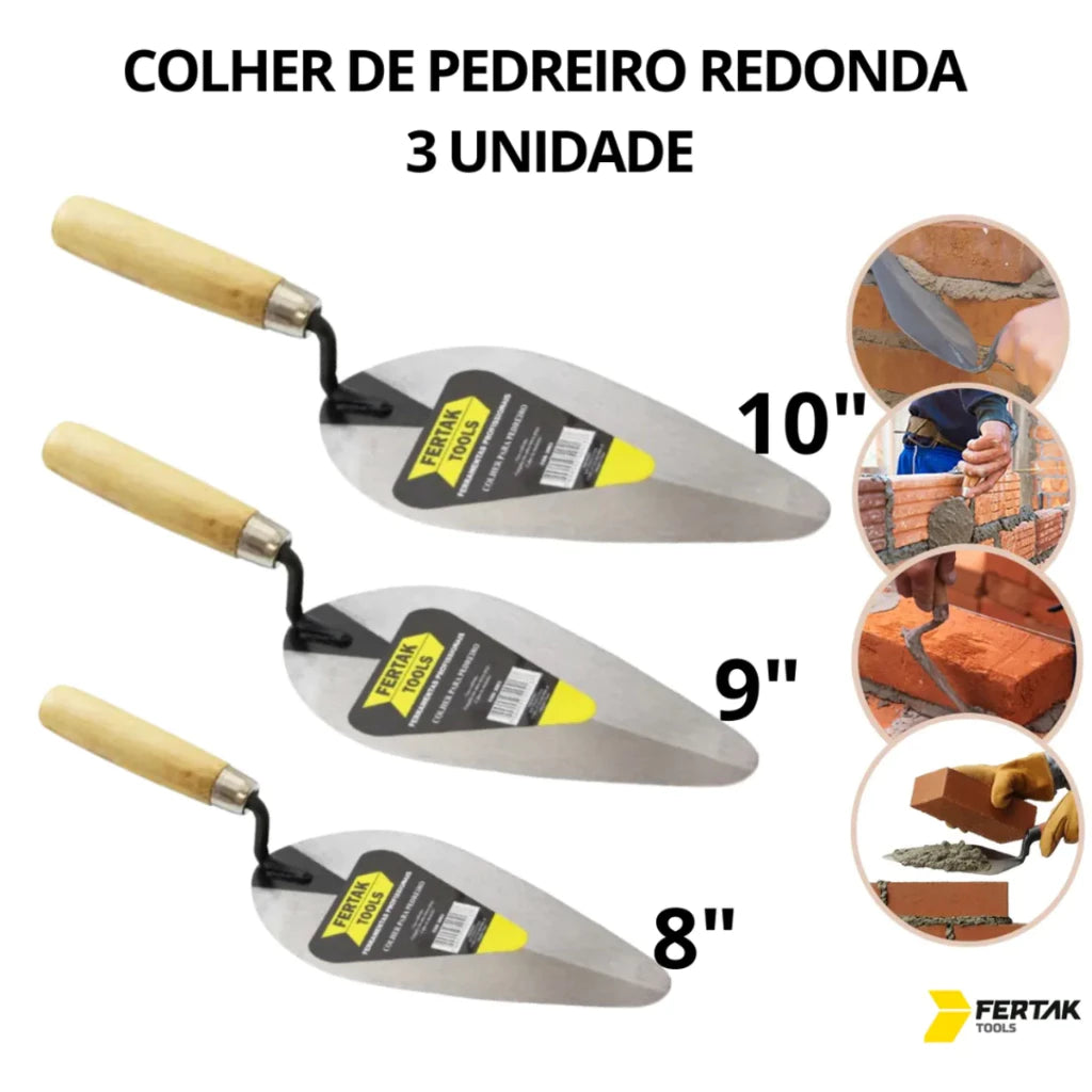 Kit Colher de Pedreiro 8", 9" e 10" Aço Carbono Reforçado Fertak | LMR Ferramentas