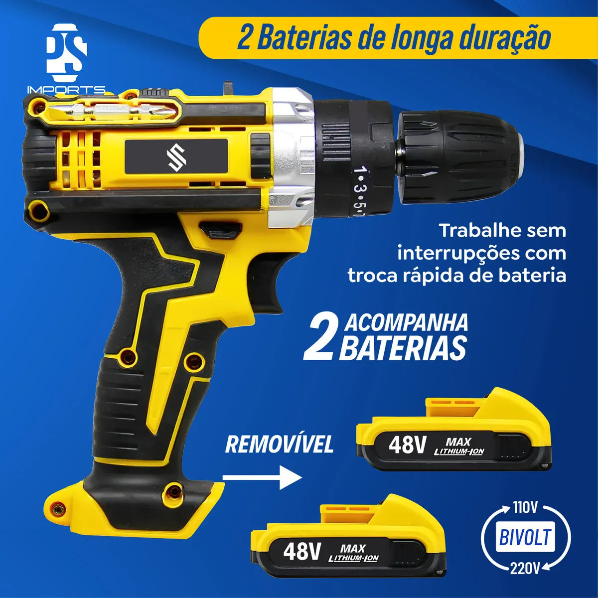 Furadeira Parafusadeira 48V Impacto + 2 Baterias e Kit Completo com Eixo Flexível | LMR Ferramentas