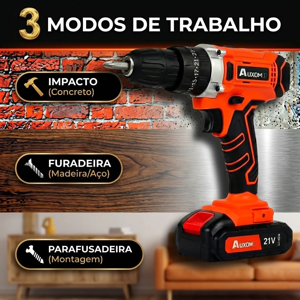 Furadeira Parafusadeira Impacto 21V 120Nm Profissional Kit 29 Peças + 2 Baterias | LMR Ferramentas