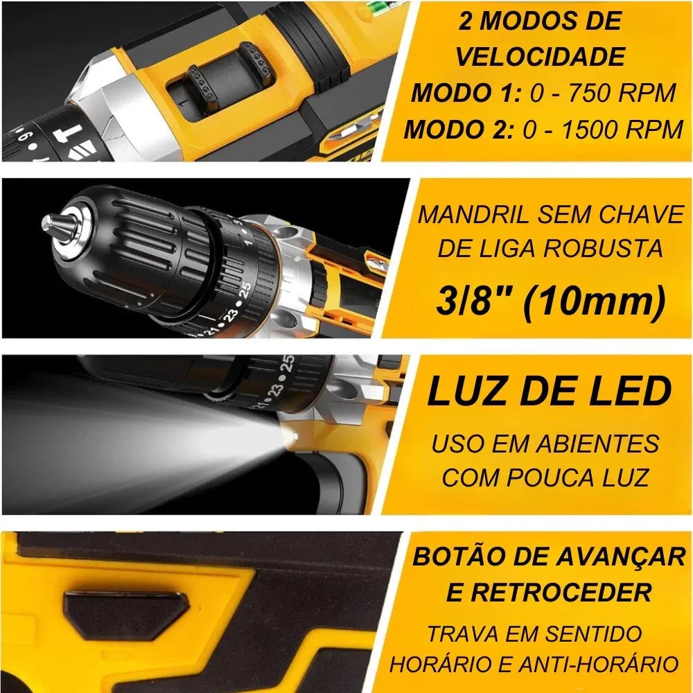 Furadeira Parafusadeira 48V Sem Fio com 2 Baterias + Kit Completo | LMR Ferramentas