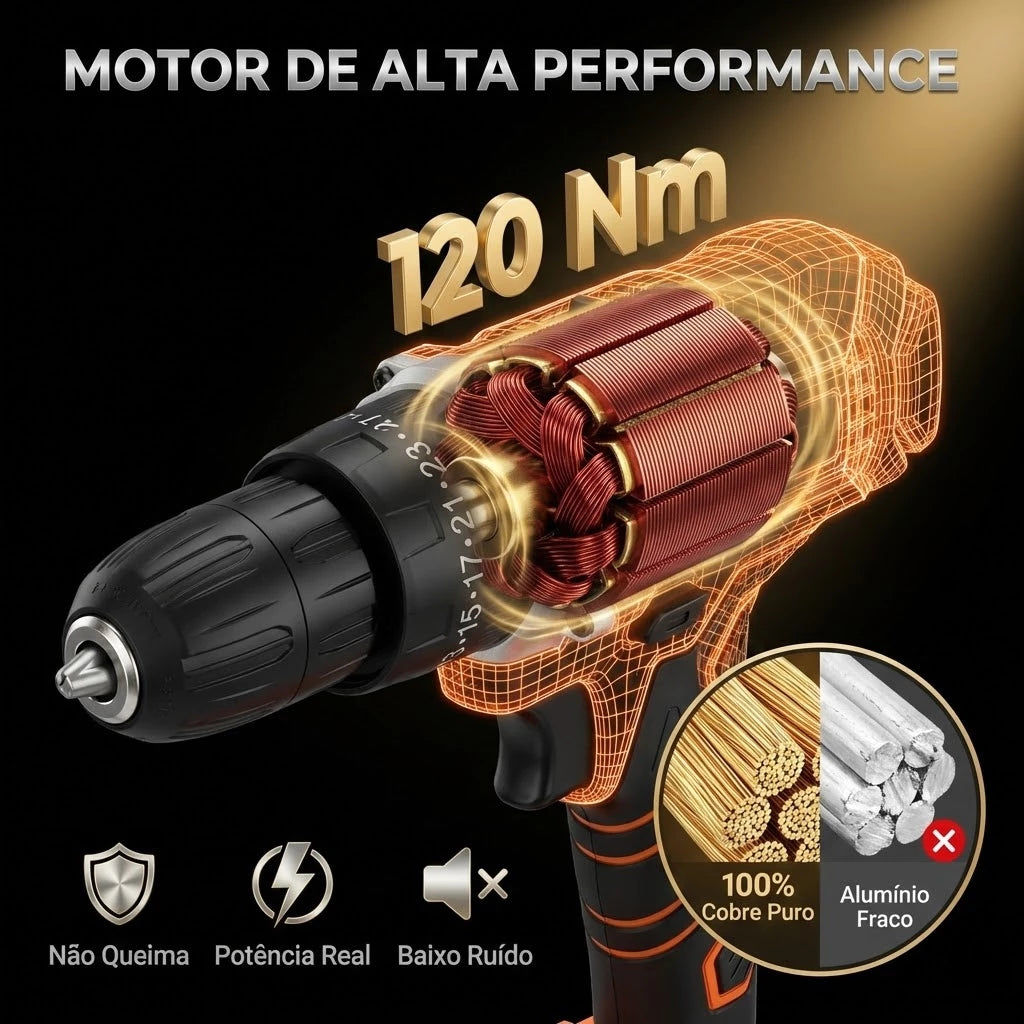 Furadeira Parafusadeira Impacto 21V 120Nm Profissional Kit 29 Peças + 2 Baterias | LMR Ferramentas