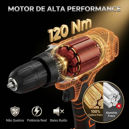 Furadeira Parafusadeira Impacto 21V 120Nm Profissional Kit 29 Peças + 2 Baterias | LMR Ferramentas