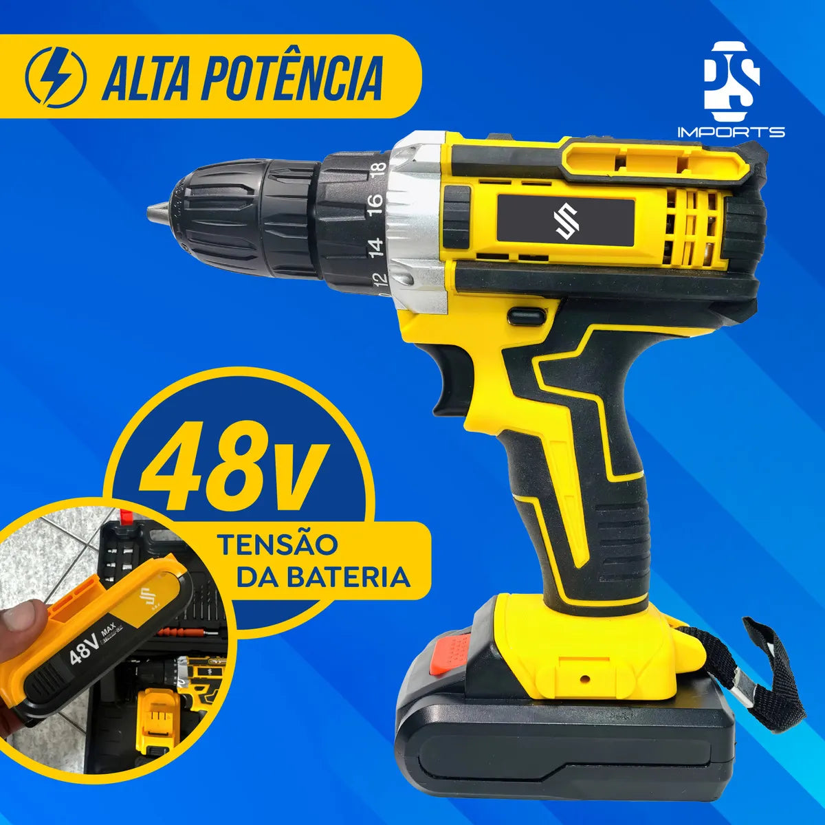 Furadeira Parafusadeira 48V Impacto + 2 Baterias e Kit Completo com Eixo Flexível | LMR Ferramentas