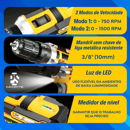 Furadeira Parafusadeira 48V Impacto + 2 Baterias e Kit Completo com Eixo Flexível | LMR Ferramentas