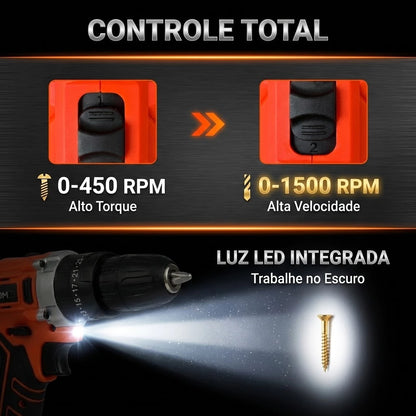 Furadeira Parafusadeira Impacto 21V 120Nm Profissional Kit 29 Peças + 2 Baterias | LMR Ferramentas