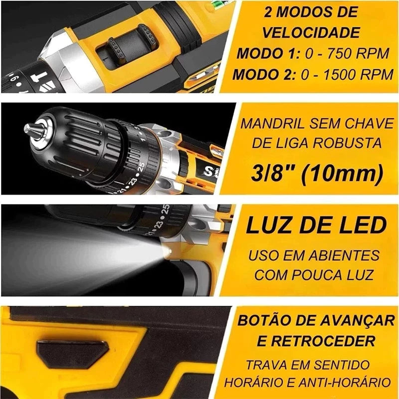 Furadeira Parafusadeira 48V Impacto Sem Fio + Kit Completo com Maleta | LMR Ferramentas